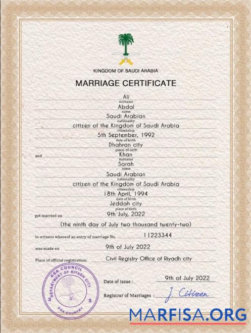 Downloadable Saudi Arabia marriage certificate PSD template
